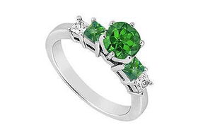 Diamond and Emerald Engagement Ring : 14K White Gold - 1.50 CT TGW - Ring Size 9.0diamond 