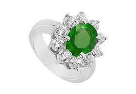 Emerald and Diamond Engagement Ring : 14K White Gold - 2.50 CT TGW - Ring Size 9.5emerald 