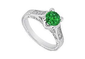 Emerald and Diamond Engagement Ring : 14K White Gold - 1.00 CT TGW - Ring Size 9.5emerald 