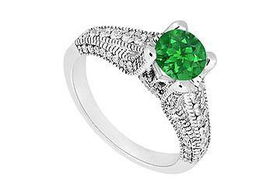 Emerald and Diamond Engagement Ring : 14K White Gold - 1.00 CT TGW - Ring Size 9.5emerald 