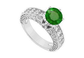 Emerald and Diamond Engagement Ring : 14K White Gold - 2.00 CT TGW - Ring Size 9.0emerald 