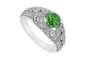 Emerald and Diamond Engagement Ring : 14K White Gold - 1.00 CT TGW - Ring Size 9.5emerald 