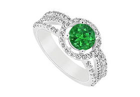 Emerald and Diamond Engagement Ring : 14K White Gold - 1.25 CT TGW - Ring Size 9.5emerald 