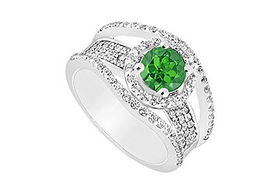 Emerald and Diamond Engagement Ring : 14K White Gold - 1.25 CT TGW - Ring Size 9.5emerald 