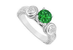 Emerald and Diamond Engagement Ring : 14K White Gold - 2.00 CT TGW - Ring Size 9.5emerald 