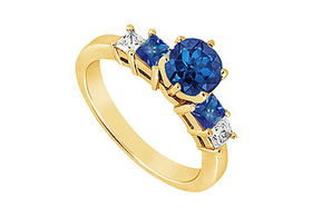 Diamond and Sapphire Engagement Ring : 14K Yellow Gold - 1.50 CT TGW - Ring Size 9.5diamond 