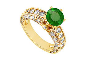 Emerald and Diamond Engagement Ring : 14K Yellow Gold - 2.00 CT TGW - Ring Size 9.5emerald 