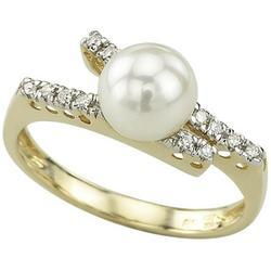 14K Yellow Gold Round White Pearl & Diamond Ringyellow 