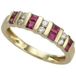 14K Yellow Gold Prong Set Square Ruby & Round Diamond Band Ringyellow 