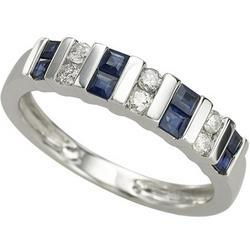 14K White Gold Prong Set Square Sapphire & Round Diamond Band Ringwhite 