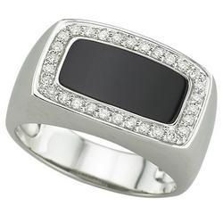 14K White Gold Men's Rectangle Black Onyx & Diamond Ringwhite 