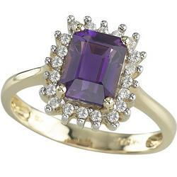 14K Yellow Gold Emerald Cut Amethyst & Diamond Ringyellow 