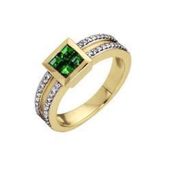 14K Yellow Gold Square Emerald & Diamond 2 Row Ringyellow 