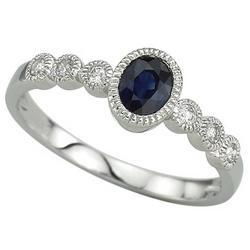 14K White Gold Oval Sapphire & Bezel Set Round Diamond Ringwhite 