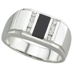 14K White Gold Rectangle Onyx & Diamond Men's Ringwhite 