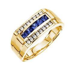 14K Yellow Gold Square Shape Blue Sapphire & Diamond Men's Ringyellow 