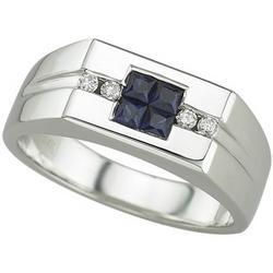 14K White Gold Square Blue Sapphire & Diamond Men's Ringwhite 