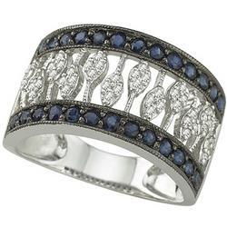 14K White Gold Round Blue Sapphire & Diamond Band Ringwhite 