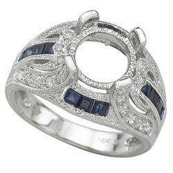 14K White Gold Round Diamond & Square Blue Sapphire Semi Mount Engagement Ring (Center Stone Sold Separately)white 