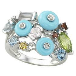 14K White Gold Reconstructed Turquoise, Multi Color Stones & Diamond Ringwhite 