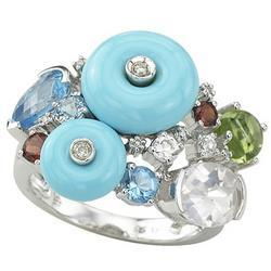 14K White Gold Reconstructed Turquoise, White Topaz, Peridot & Diamond Ringwhite 