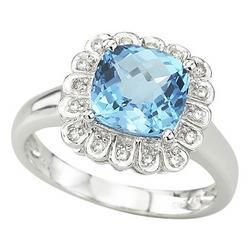 14K White Gold Cushion Blue Topaz & Diamond Ringwhite 