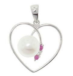 Pearl, Pink Topaz and Diamond 14K White Gold Heart Pendantpearl 