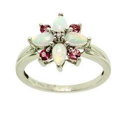 Opal, Pink Tourmaline, and Diamond White Gold Flower Ringopal 