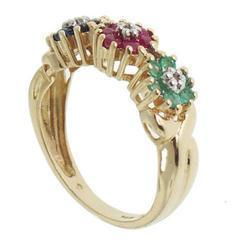 Ruby Sapphire Emerald Diamond 14K Gold Flower Ring Bandruby 