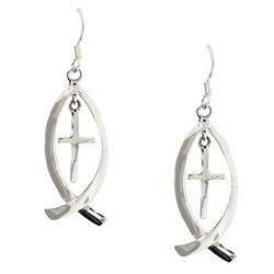 Sterling Silver Christian Fish and Cross Dangle Earringssterling 