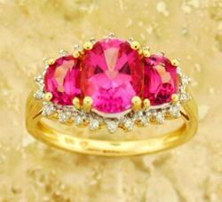 Three Stone Pink Topaz and Diamond Gold Flower Ringstone 