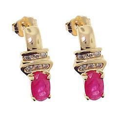 Oval Red Delicious Ruby and Diamond 14K Gold Stud Earringsoval 