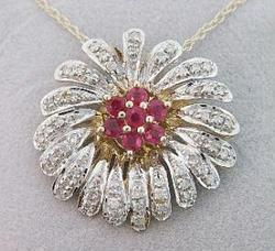 Ruby Diamond and Gold Flower Pendant with Gold Chainruby 