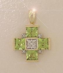 Princess cut Peridot Diamond Gold Cross Pendantprincess 