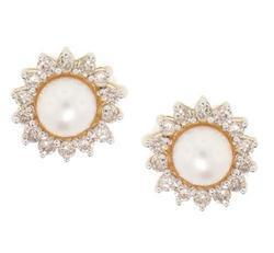 White Pearl and Diamond 14K Gold Flower Earringswhite 