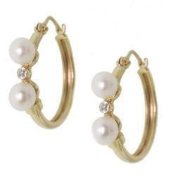 White Pearl and Diamond 14K Gold Hoop Earringswhite 