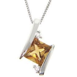 Citrine and Diamond White Gold Pendant Necklace-Princess Cut Gemstonecitrine 