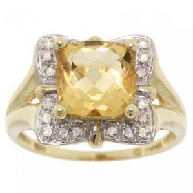 Yellow Gold Flower Ring Cushion Citrine Diamond Accentyellow 