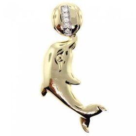 New 10KT Yellow Gold Jumping Dolphin Diamond Pendantyellow 