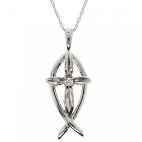 14KT White Gold Fish Cross Pendant Necklace w/ Diamondswhite 