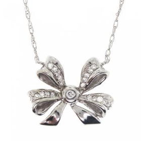 10KT White Gold Bow Pendant Necklace w/ Diamondswhite 