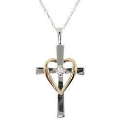 Diamond 10K Two-Tone Gold Heart and Corss Pendant Necklacediamond 