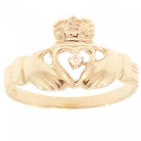 14KT Gold Celtic Claddagh Heart Ring White Diamond Newgold 