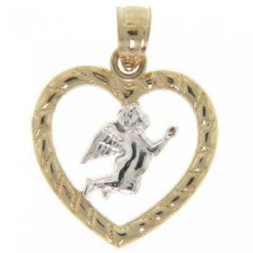 Yellow 14KT Gold Heart Pendant w/ Floating Angel Insideyellow 