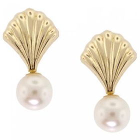 14KT Yellow Gold Oriental Fan White Pearl Stud Earringsyellow 