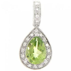 Solid 14KT White Gold Dangle Peridot Diamond Pendantsolid 