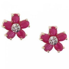 14KT Yellow Gold Flower Stud Earrings w/ Ruby Diamondyellow 