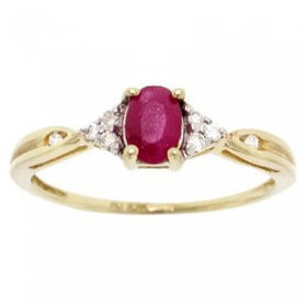 Ladies Yellow Gold Sz=7 Ring - Red Ruby White Diamondladies 