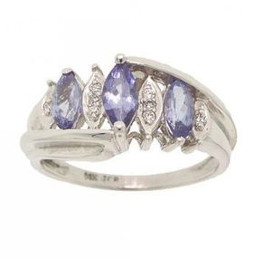 14KT White Gold Three Stone Tanzanite & Diamond Ringwhite 