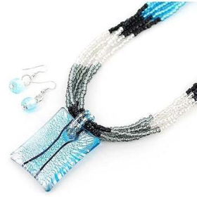 18" Murano Square w/Blue Tone Bead Necklace Set Case Pack 3murano 